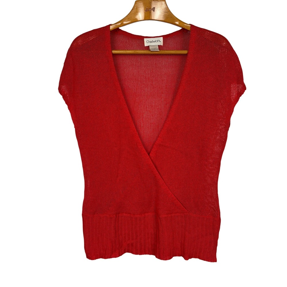 Chadwick's Knit Wrap Top Surplice Linen Blend Medium Coral Orange Red Cap Sleeve